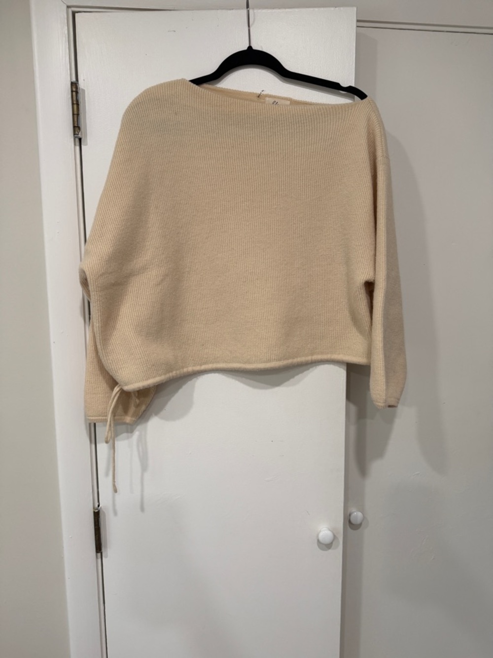 Elan Cream Off-Shoulder Ribbed Sweater with Side Tie